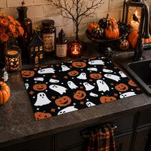 1pc Ghost Pattern Printed Diatomaceous Earth Kitchen Drain Mat, Halloween, Can Be Used As Halloween Gift, Halloween Decoration, Absorbent Dish Drying Mat, Coffee Machine Mat, Dishwashing Mat, Sink Mat, Kitchen Countertop Protection Mat, Suitable For Cups, Plates, Tableware And Kitchen Decoration - Multicolor - View 3