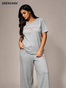 Women's Plus Size Short Sleeve Long Pants Pajama Set, Loungewear, Spring/Summer - Light Grey - View 3