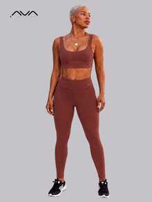 Conjunto Feminino Academia Top U e Calça Canelada Com Forro Cós Alto Suplex Poliamida AVA Fitness - Marrom - Visão 3