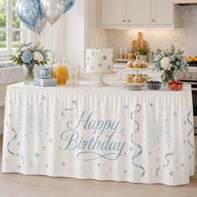 Light Blue Happy Birthday Table Skirt, Printed With Stars And Fireworks Pattern, Polyester Party Tablecloth, Suitable For Baby Birthday, Baby Celebration, Dessert Table Decoration And Home Party Supplies - A - View 3