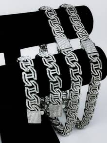 Gold & Silver Dual-Tone Infinity Link Chain Necklace, 17mm Geometric Full Rhinestone Choker, European & American Hip-Hop Street Rap Music Festival Party Versatile Jewelry - Geometric Chain - View 3