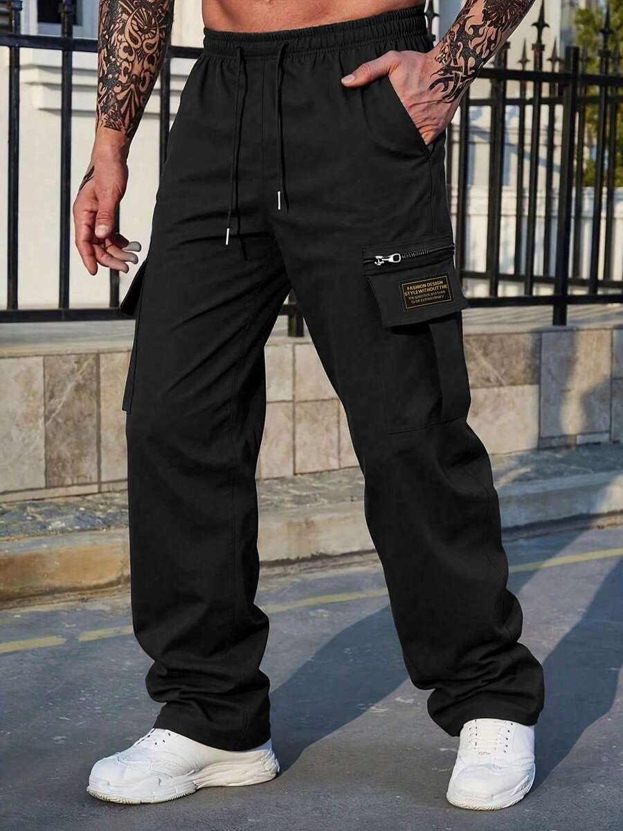 1pc Men's Sports Cargo Pants, Suitable For Outdoor Travel, Multi-Pocket College Style Cargo Pants, Gift For Boyfriend And Husband - Black - View 1