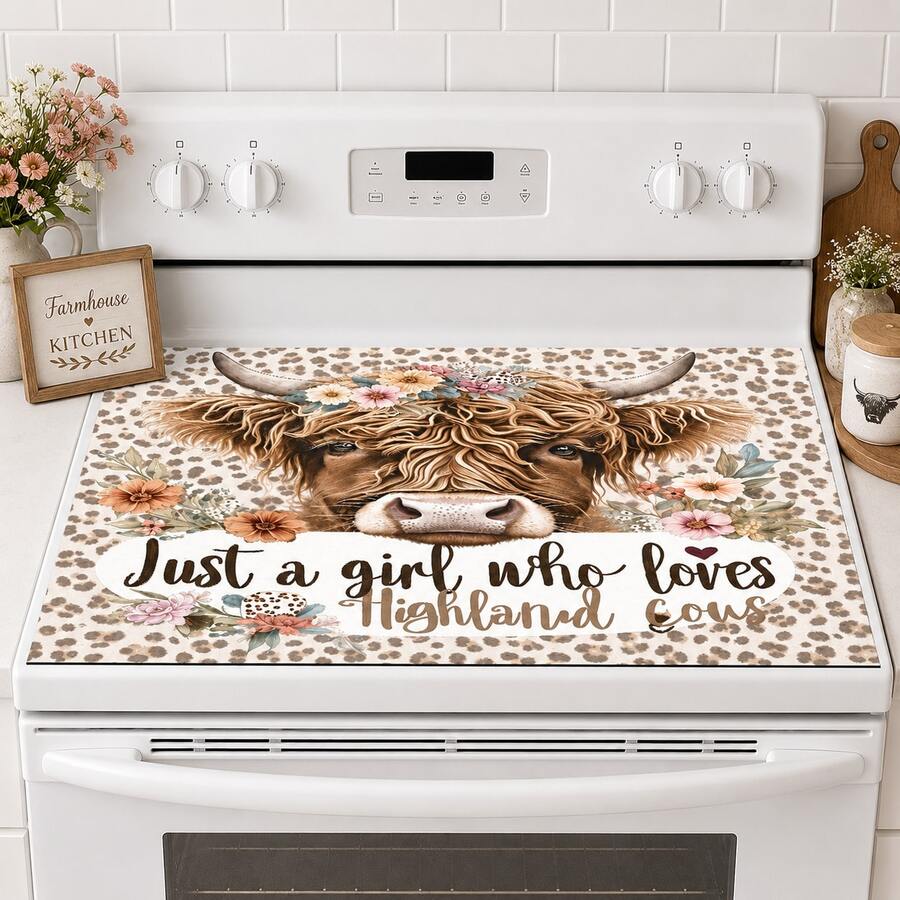 1pc Highland Cow Floral Leopard Print Table Mat, Rustic Country Style Rectangular Kitchen Countertop Protector, Brown Cow Head & Text Print Design, Easy To Clean Decorative Mat, Suitable For Kitchen, Dining Table, Coffee Station And Daily Home Decor - Multicolor - View 1
