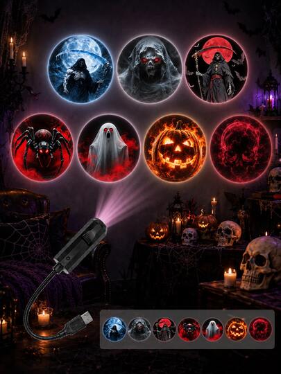 1 Stück Halloween LED Projektionsleuchte, geeignet für Halloween-Veranstaltungen, Camping, Partys, Schlafzimmer und mehr, USB-betrieben, Bodenprojektionslampe zur Schaffung von Atmosphäre, integrierte mehrere Themenmuster: Sensenmann, Geist, Skelett, Horror-Elemente, tragbar, erfüllt vielfältige Szenenbedürfnisse