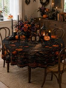 1pc Scary Forest Lantern Tablecloth, Spooky Night Party, Rustic Countryside Style Polyester Rectangular Tablecloth With Dark Woods And Skull Patterns, Easy Care Table Cover For Dining Room Kitchen Holiday Dinner Decoration - Multicolor - View 6