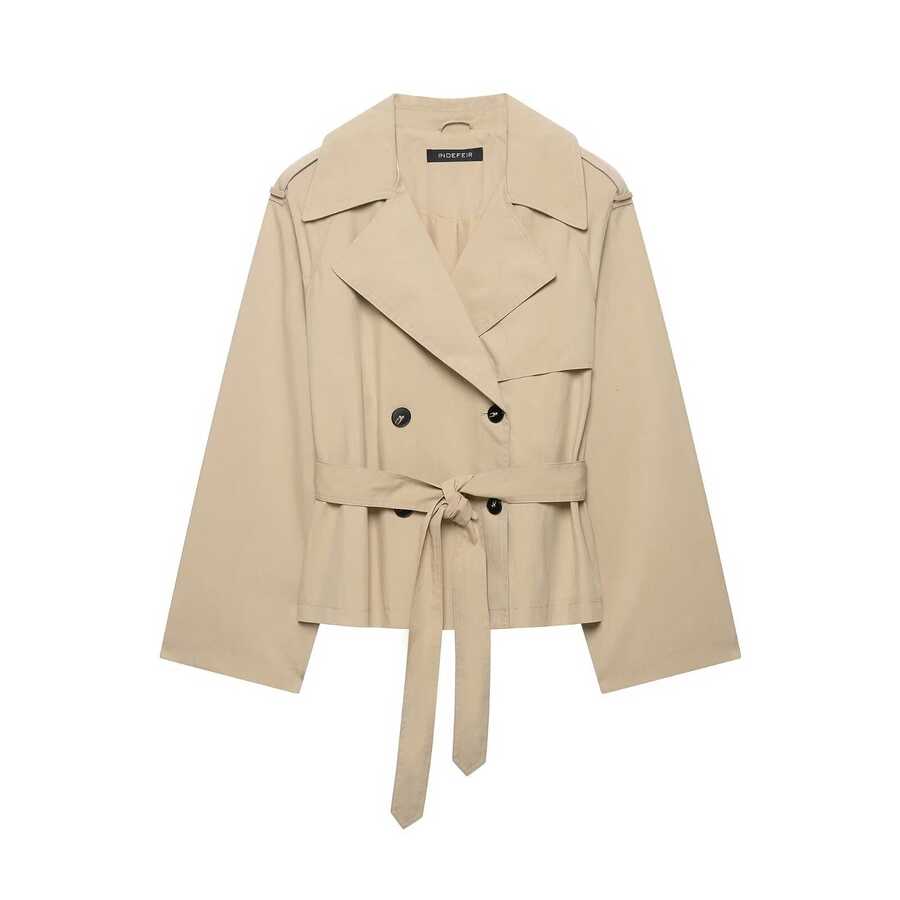 Mellowy Autumn/Winter New Women's European & American Style Fashion Minimalist Belted Padded Shoulder Short Trench Coat Jacket - Khaki - View 1