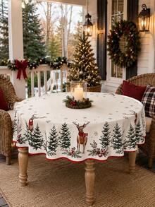 1pc-Farmhouse Christmas Reindeer Tablecloth, Forest Pine Tree Snowflake Red Berry Printed Round Rectangular Table Cloth, Festive Holiday Table Cover For Xmas Dinner Party Indoor Kitchen Dining Home Table Decoration - Multicolor - View 1