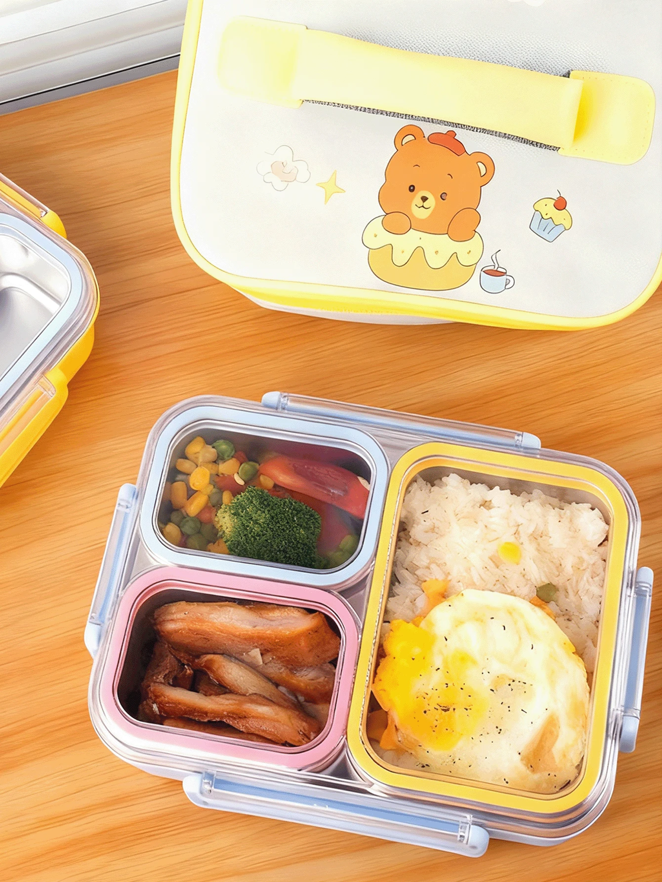 Kotak Bekal Bento 3 Kompartemen, Wadah Makanan Anti Bocor, Tersedia dalam Bahan Stainless Steel 304 dan PP, Kotak Bekal Portabel dengan Sekat, Cocok untuk Sekolah, Kantor, dan Perjalanan, Kotak Penyimpanan Makanan yang Dapat Digunakan Kembali dengan Tutup Transparan yang Tersegel - MultiWarna - View 1