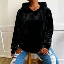 大尺碼女款韓版天鵝絨寬鬆休閒純色針織長袖運動服,適合秋冬日常穿著 - 黑色 - 查看 4