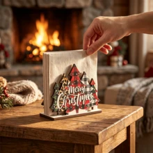 1/4pcs Christmas Tree Wooden Napkin Holder With Snowman Rustic Farmhouse Table Tissue Paper Stand Dispenser For Holiday Dining Home Decor Xmas Party Decoration - Multicolor - View 9