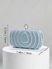 1pc Light Blue Water Drop Heavy Beaded Evening Clutch, Exquisite Round Bead Rhinestone Pattern, Pearl Studded Lock, Dress Matching Small Bag, Wedding Party Ball, With Detachable Crossbody Chain - Baby Blue - View 2