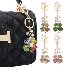 1pc Lucky Four Leaf Clover Bag Charm Keychain - Full Rhinestone Pearl Wallet Shoulder Bag Charm - Women's Holiday Gift - Multicolor - View 2