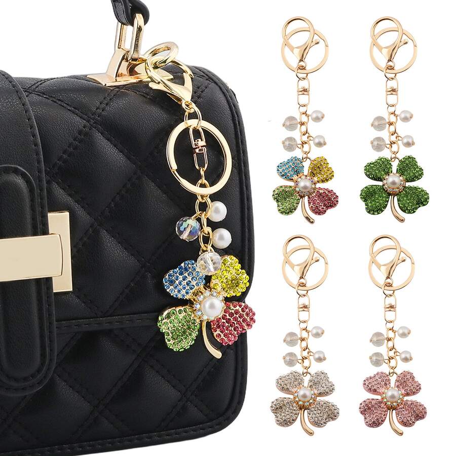 1pc Lucky Four Leaf Clover Bag Charm Keychain - Full Rhinestone Pearl Wallet Shoulder Bag Charm - Women's Holiday Gift