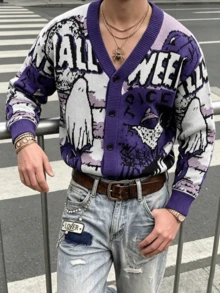 ANDREILEE Men's New Halloween Autumn Winter Casual Loose Minimalist V-Neck Button-Up Cardigan Sweater With Cute Cartoon Pattern And English Letter, Long Sleeve Knit Jacket - Purple - View 2