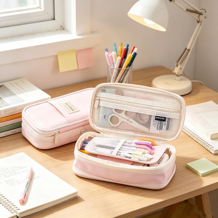 1pc Pink Large Capacity Stationery Box, Back To School Essential Multi-Functional Pencil Case, Teacher Desk Accessory Pen Holder, Suitable For Classroom Storage Cabinet Decoration, Office Desk Accessory, Pink Office Supplies - Pencil Case - View 1