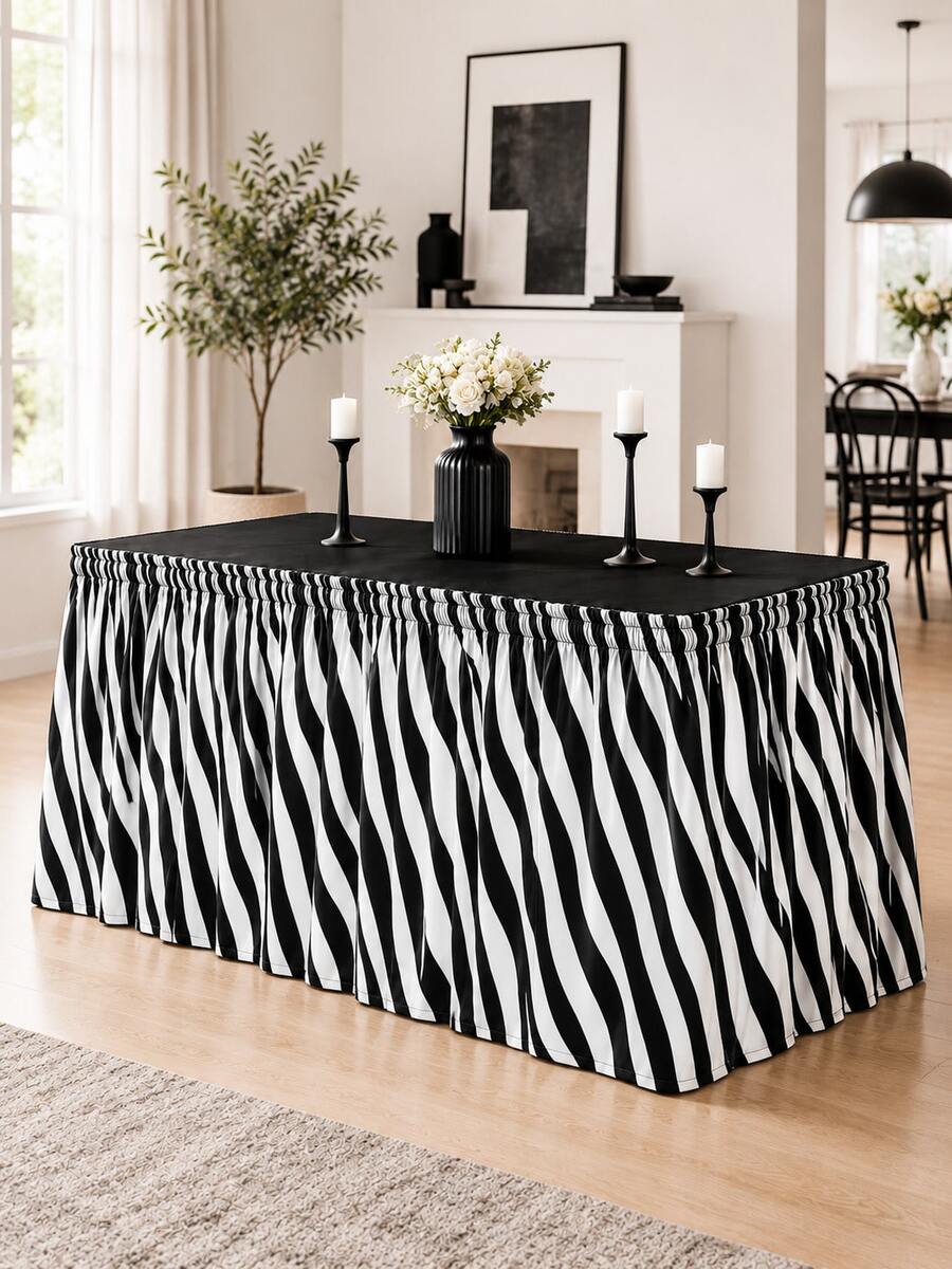 1pc Black & White Zebra Stripe Rectangular Table Skirt, Modern Safari Style Polyester Elastic Edge Ruffled Table Cover, Animal Print Party Table Skirting For Birthday, Wedding, Buffet, Room Decor, Office Decor & Home Decor - Multicolor - View 1