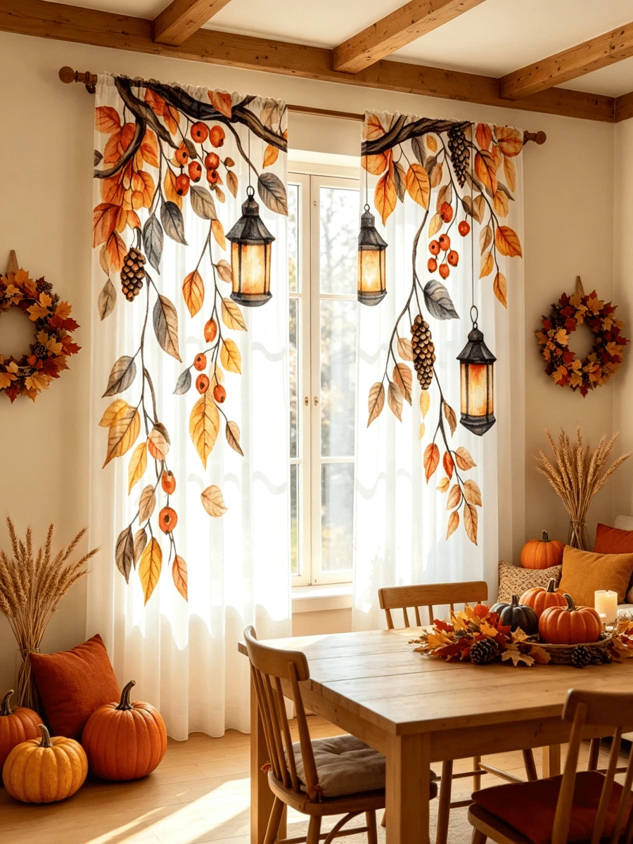 2pcs Autumn/Winter Sheer Curtains, Orange-Red Autumn Leaf Pendant Light Pattern, Create Warm Magical Atmosphere, Suitable For Living Room, Home Decor, Dining Room, Bedroom, Kitchen, Study, Bathroom, Balcony, 2D Flat - Multicolor - View 1