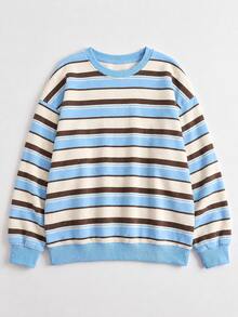 Women Retro Color Block Stripe Crew Neck Sweatshirt, Loose Drop Shoulder Long Sleeve Casual Cropped Pullover Top - Navy Blue - View 3
