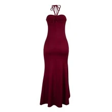 Halter Neck Ruffle Hem Slit Dress Solid Color Summer Dress For Women Elegant - Burgundy - View 8