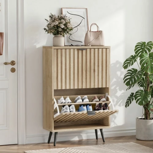 60cm Wide Shoe Cabinet With Natural Wood Finish – Freestanding Mid-Century Modern Style Shoe Storage Unit With Two Drop-Down Compartments And Grooved Surface; Suitable For Entrances And Hallways - 自然 - 查看 1