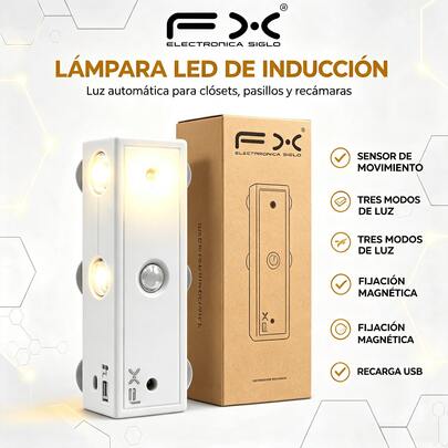 Lámpara LED de Inducción Recargable con Fijación Magnética, 3 Modos de Luz y Sensor de Movimiento, Ideal para Armarios y Pasillos