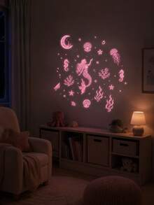 1 Set Pink Star Girl Butterfly Glow-In-The-Dark Butterfly Wall Stickers, Suitable For Living Room, Bedroom And Children's Room Home Decor. Removable Semi-Matte Self-Adhesive Stickers, Suitable For Living Room, Bedroom And Children's Room. Home Decor Stickers, Wall Stickers, Vinyl Stickers, Spring Decor To Add Vitality To Home. Rama Decorative Stickers Gift, Perfect As Birthday Or Graduation Gift. - Pink-mermaid - View 3