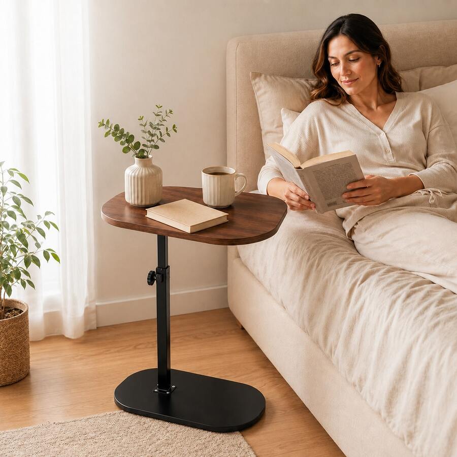 Mesa Lateral Regulável de Altura para Lado da Cama Cor Imbuia, Tampo 38*28cm com Suporte Metálico Preto Reforçado, Base Oval Ponderada, Altura Ajustável 40–75cm para Quarto e Janela Saliente - MesaCabeceira-BaseCAjustavel-NogalPreto - Visão 1
