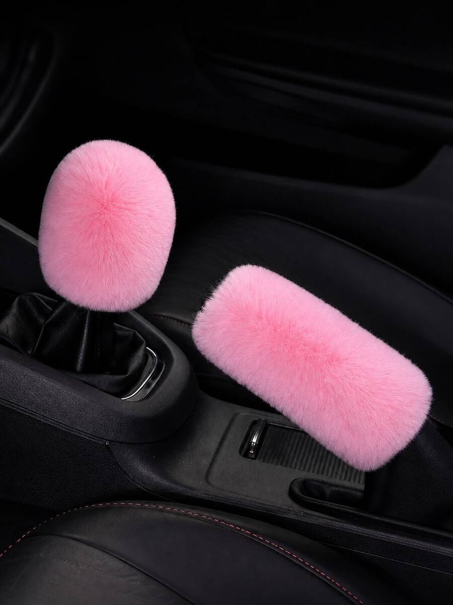 2pcs Artificial Rabbit Fur Car Gear Shift Cover And Handbrake Cover Set, Soft Warm Plush Elastic Car Gear Shift Handbrake Protector, Cute Feminine Car Interior Accessories