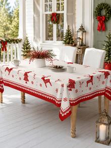 1pc-Nordic-Style Christmas Reindeer Print Tablecloth, With A Red Reindeer, Pine Tree, Snowflake, And Geometric Border Pattern; A Rustic Table Cover Suitable For Christmas Eve, Christmas Dinners, And Restaurant Table Decorations. - Multicolor - View 11