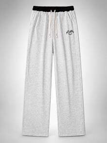 Women's Colorblock Elastic Waist Drawstring Loose Wide Leg Sweatpants Milano Letter Print Casual Streetwear Long Pants With Pockets - Grey - View 3