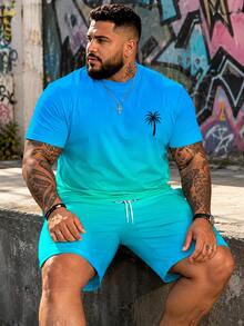 Men's Minimalist Vacation Style "Gradient Palm Tree" Pattern Sports Set - Polyester Knit Fabric, Round Neck Design, Drawstring Shorts, Pocket Details, Regular Fit, Suitable For Plus Size - Mint Blue - View 1