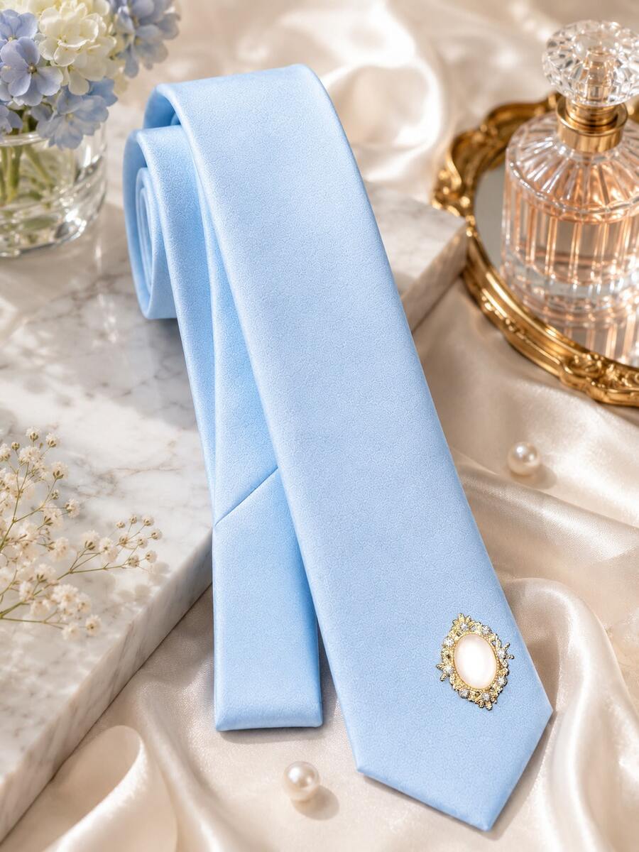 Solid Color Rhinestone Studded Handmade Tie, Minimalist Versatile Tie Suitable For Daily Wear, Suit Jacket And Shirt - Baby Blue - View 1