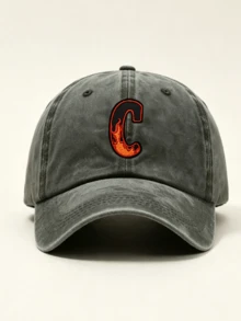 1 Pc Vintage Washed Distressed Baseball Cap, A-Z Flame Letter Embroidered Dad Hat, Adjustable Casual Sun Hat For Men Women Street Outdoor Daily Wear - Grey - View 6