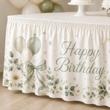 Sage Green Happy Birthday Table Skirt With Balloon, Daisy And Bow Print, Polyester Party Tablecloth, Suitable For Children's Birthday, Baby Shower, Dessert Table And Neutral Celebration Decor - A - View 7