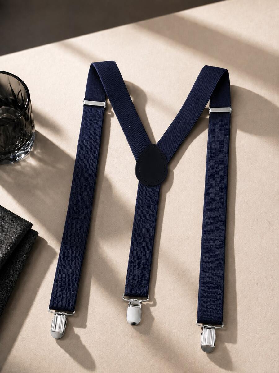 Adjustable Solid Color Minimalist Versatile Elastic Suspenders - Navy Blue - View 1