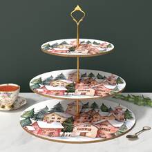 1pc 3-Tier Cupcake Stand With Winter Snowflake And European Village Pattern - Gold Rim Artificial Wood Cake Stand, Suitable For Weddings, Christmas, Birthdays, Tea Parties - Multi-Tier Dessert Display Stand - A - View 1