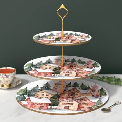 1pc 3-Tier Cupcake Stand With Winter Snowflake And European Village Pattern - Gold Rim Artificial Wood Cake Stand, Suitable For Weddings, Christmas, Birthdays, Tea Parties - Multi-Tier Dessert Display Stand