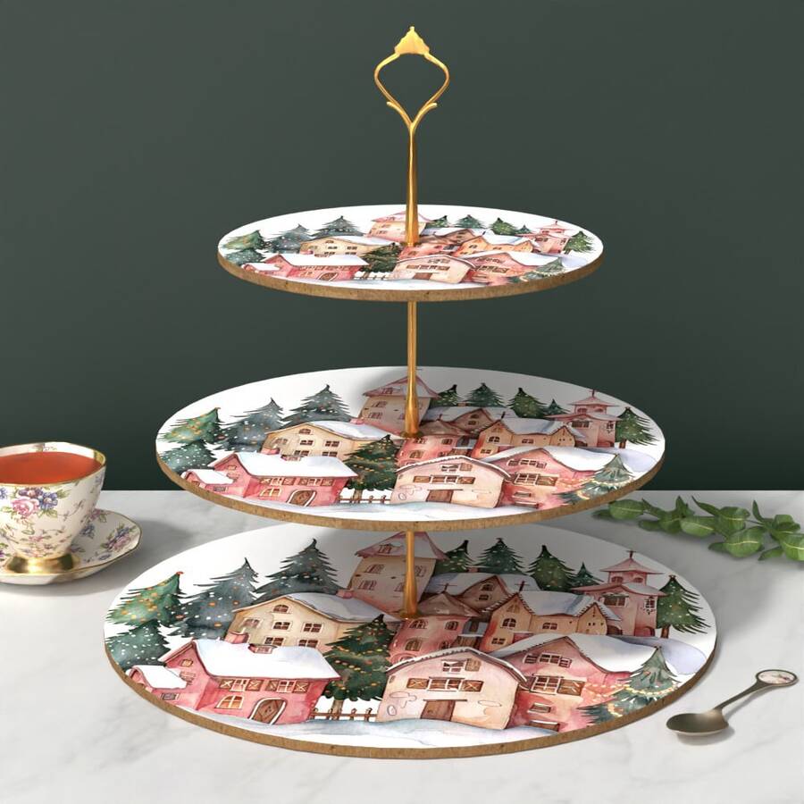 1pc 3-Tier Cupcake Stand With Winter Snowflake And European Village Pattern - Gold Rim Artificial Wood Cake Stand, Suitable For Weddings, Christmas, Birthdays, Tea Parties - Multi-Tier Dessert Display Stand - A - View 1