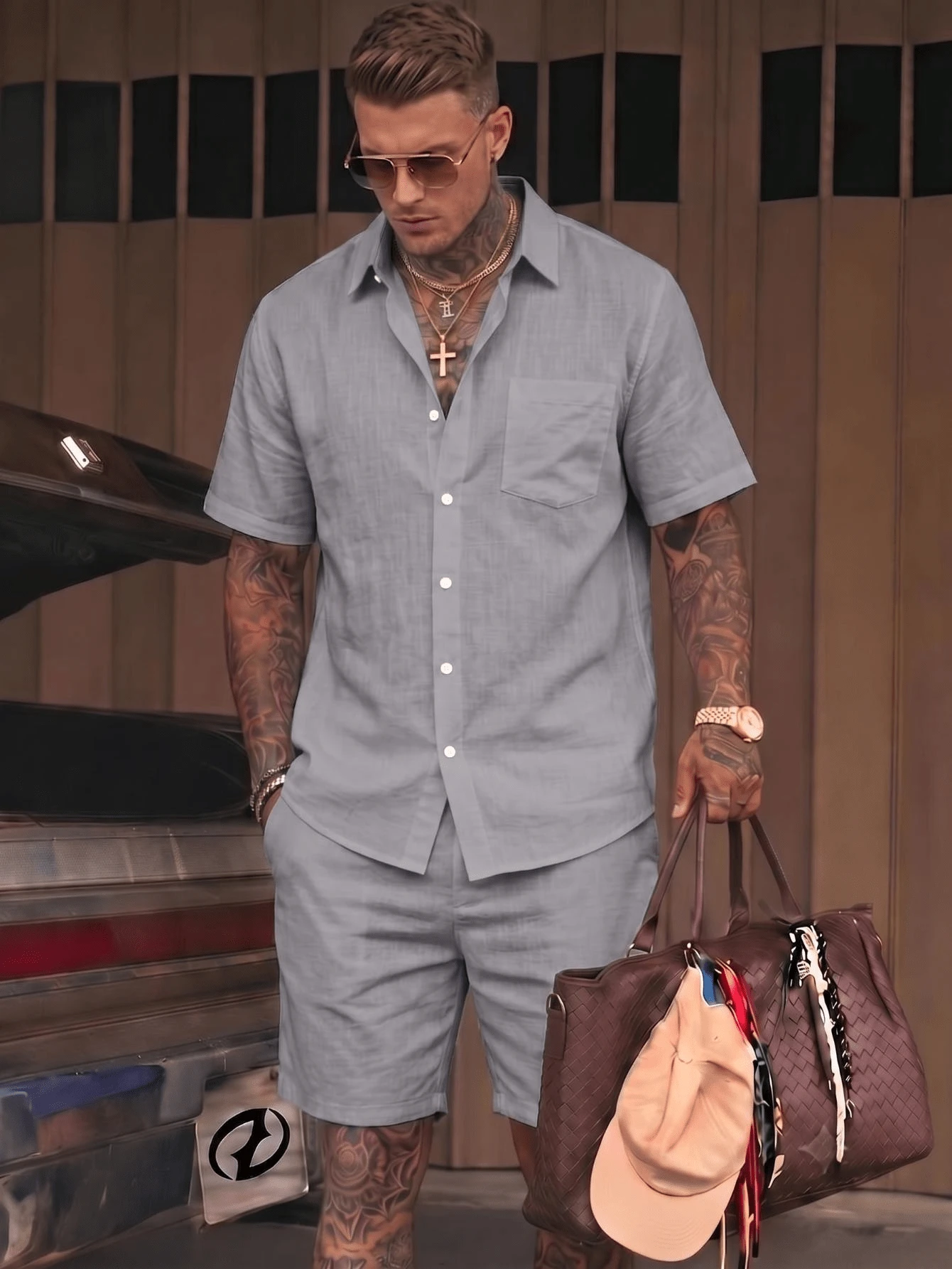 Men's 2-Piece Linen Casual Short Sleeve Shirt & Shorts Summer Beach Set - Perfect Father's Day Gift For Dad, Husband, Him - Grey - View 1