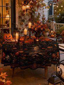 1pc Scary Forest Lantern Tablecloth, Spooky Night Party, Rustic Countryside Style Polyester Rectangular Tablecloth With Dark Woods And Skull Patterns, Easy Care Table Cover For Dining Room Kitchen Holiday Dinner Decoration - Multicolor - View 8