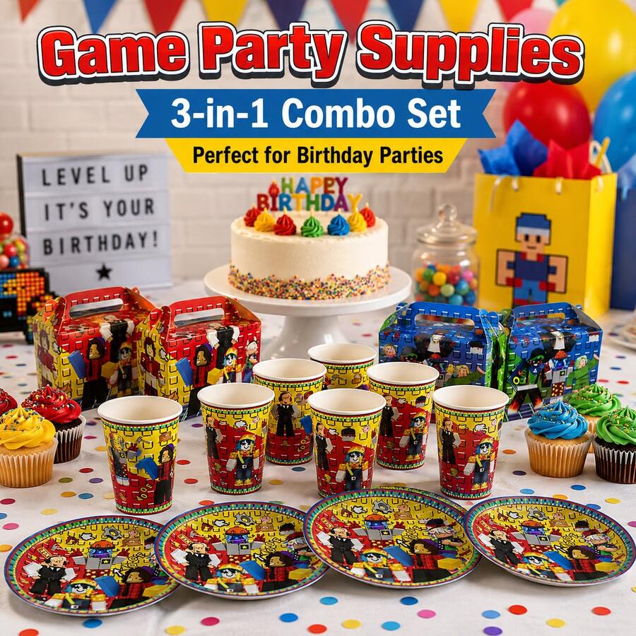 Roblox Set Perlengkapan Pesta Roblo 30pcs, 10 Piring Kertas (7,08 Inci), 10 Gelas Kertas, 10 Kotak Makanan Penutup, Peralatan Makan Kertas Sekali Pakai, Cetakan Karakter Blok Merah dan Kuning, Piring Bundar, Gelas, dan Kotak Hadiah, Dekorasi Pesta Ulang Tahun Anak-Anak - A - View 1