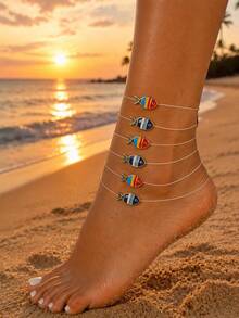 6pcs Minimalist Casual Fun Colorful Small Fish Transparent Fishing Line Anklets For Women, Daily Beach Vacation Matching - Multicolor - View 1