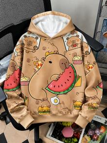 1pc Capybara Print Sweatshirt, Thermal Lined Thickened Sweatshirt, Young Student Children's Clothing, Suitable For Girls' Autumn/Winter Warm Comfortable Thermal Top - White - View 3