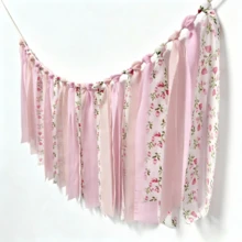 Bandeira de Tecido de Chiffon Rosa com Borlas, Decoração de Quarto Estilo Pastoral, Quarto, Sala de Aula, Decoração de Banner de Parede Pendurado, Festa de Aniversário, Volta às Aulas, Chá de Bebê e Outras Decorações de Festa e Feriado, Decoração de Aniversário de Cadeira Alta de Bebê - Flores cor-de-rosa - Visão 4