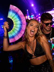 2pcs Rainbow Starry Sky Folding Hand Fans, Large Size Clapper Fans, Glitter Starry Sky Print, Portable And Foldable, Suitable For Music Festivals, Rave Parties, Carnivals, Pride Parades, Nightclubs, Weddings, Summer Cooling, Performance Props, Latest Original Design - Rainbow Starry Sky - View 2