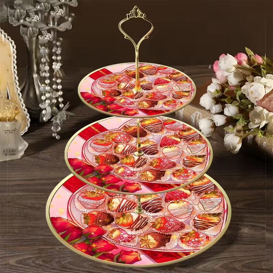Cake Stand 1pc 3-Tier Wooden Decorative Tray, Strawberry Chocolate Pattern 2D Display Tray, Holiday Decor Storage Rack, Perfect For Weddings, Birthdays, Thanksgiving, Valentine's Day, Festive Atmosphere, Suitable For Placing And Displaying Items In Homes, Restaurants, Offices And Other Locations (Not For Direct Food Contact) - A - View 1