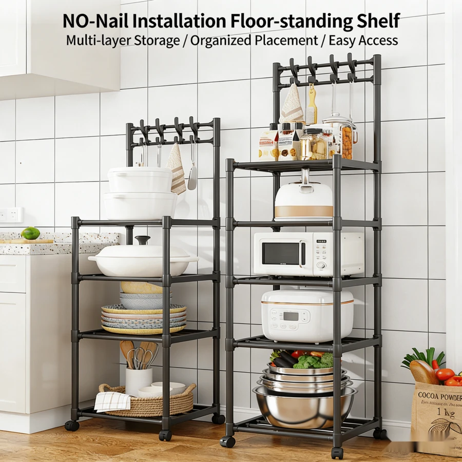 No Drill Freestanding Kitchen Storage Shelf With Wheels And Hooks, Multi Layer Metal Microwave Organizer Rack, Rolling Utility Cart For Countertop Pantry Bathroom Home Organizer - View 1