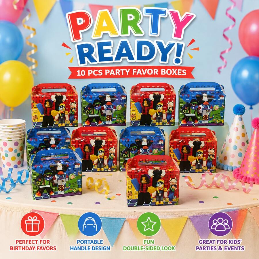 Roblox 10pcs Party Favor Paper Boxes, Portable Handle Snack Containers, Cartoon Block Game Character Print, Rectangular Candy Gift Boxes, Children's Game Theme Birthday Party Snack Storage Boxes - Forsaken Chance Paper Box - View 1