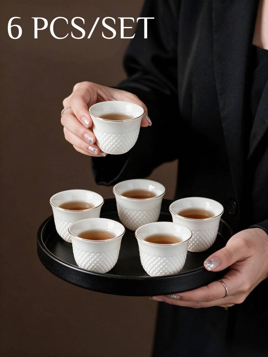 6pcs/Set Textured Ceramic Qahwa Coffee Cups, Gift Box, Gold Rim Small Arabic Coffee Mugs, Suitable For Saudi National Day Party, Middle Eastern Cafes, Arabic Coffee And Espresso Drinking
