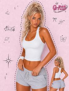 Q-AND QAND 1 buah Tank Top Wanita Putih Model Crop Racerback, Atasan Tanpa Lengan Slim Fit Warna Polos untuk Pilates, Barre, Tari, Gym & Pakaian Sehari-hari Urban - Putih - View 2